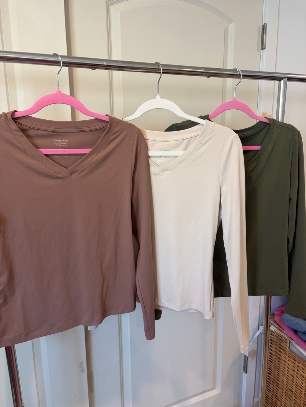 Women's V-Neck Long Sleeve Tee in Brown, Cream & Olive - Trio Pack